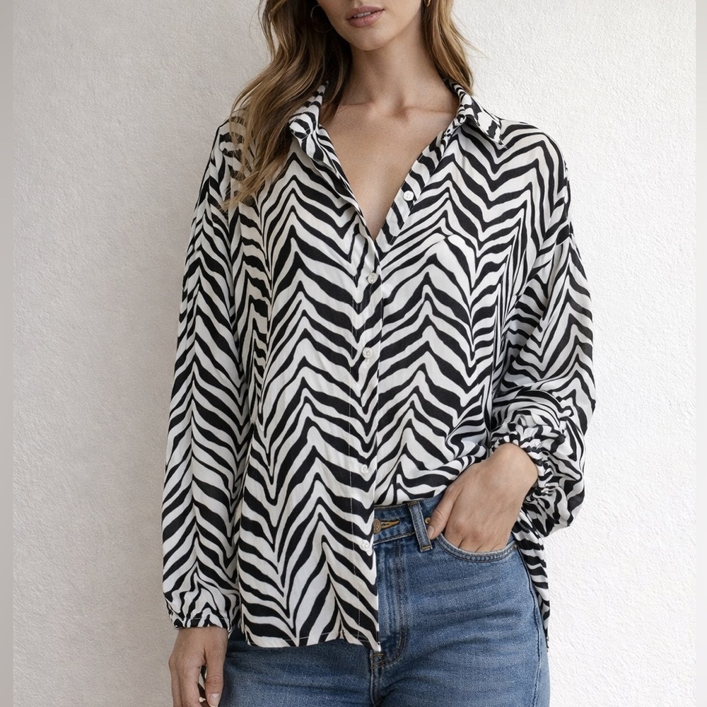 Faithfull the brand zebra print shirt blouse size black & white reformation top